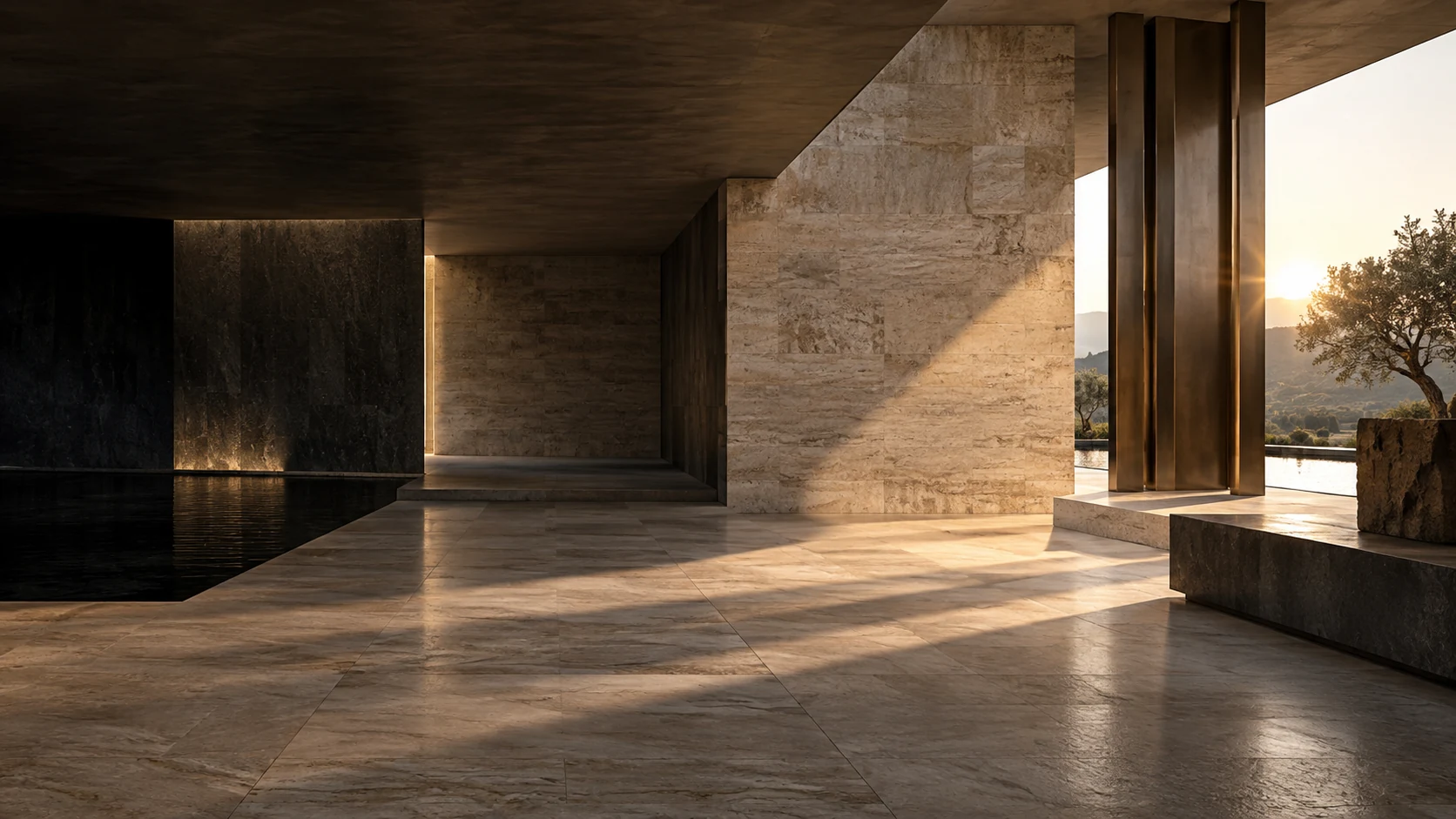 Contemporary stone architecture with bronze details and warm directional light